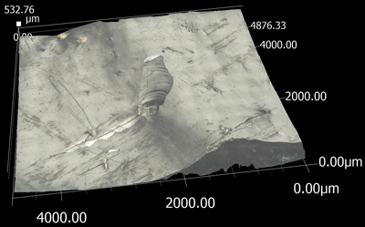Microscopic linear impact traces on an Upper Palaeolithic obsidian artifact, running from lower left to upper right. Evidence for the use as a hunting weapon.