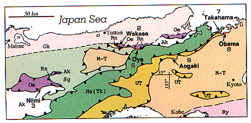 Fig. 1. Localities of thrust outcrops in SW Japan